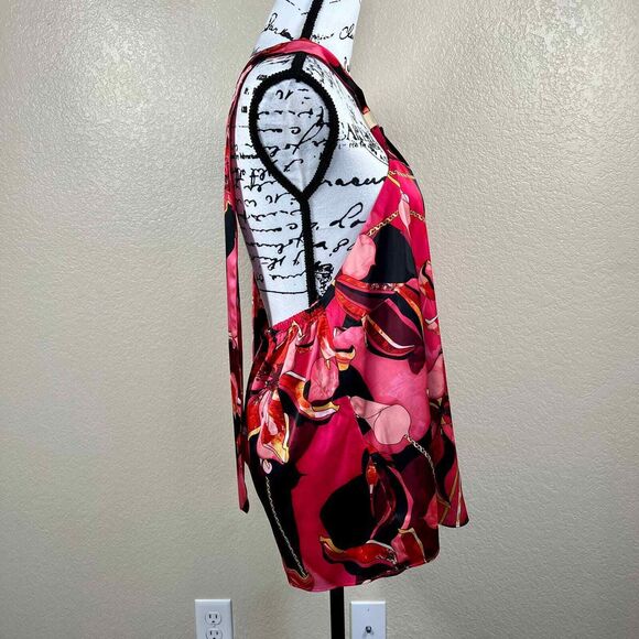 INC International Concepts pink red floral halter top back tie size L boho club - Picture 8 of 15